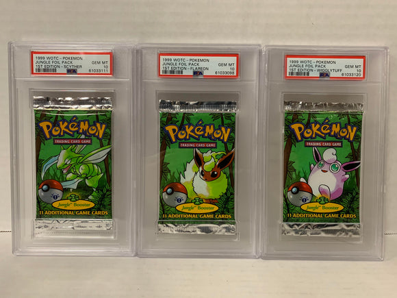 PSA 10 POKEMON JUNGLE FIRST EDITION BOOSTER PACK SET SCYTHER FLAREON WIGGLYTUFF